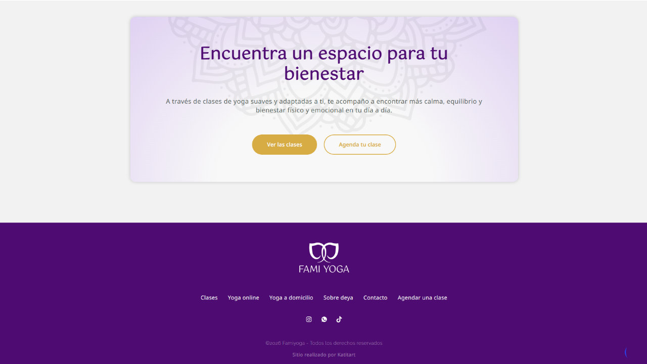 Famiyoga website CTA section and footer, yoga teacher website design by Katitart Studio showing full site navigation and social links