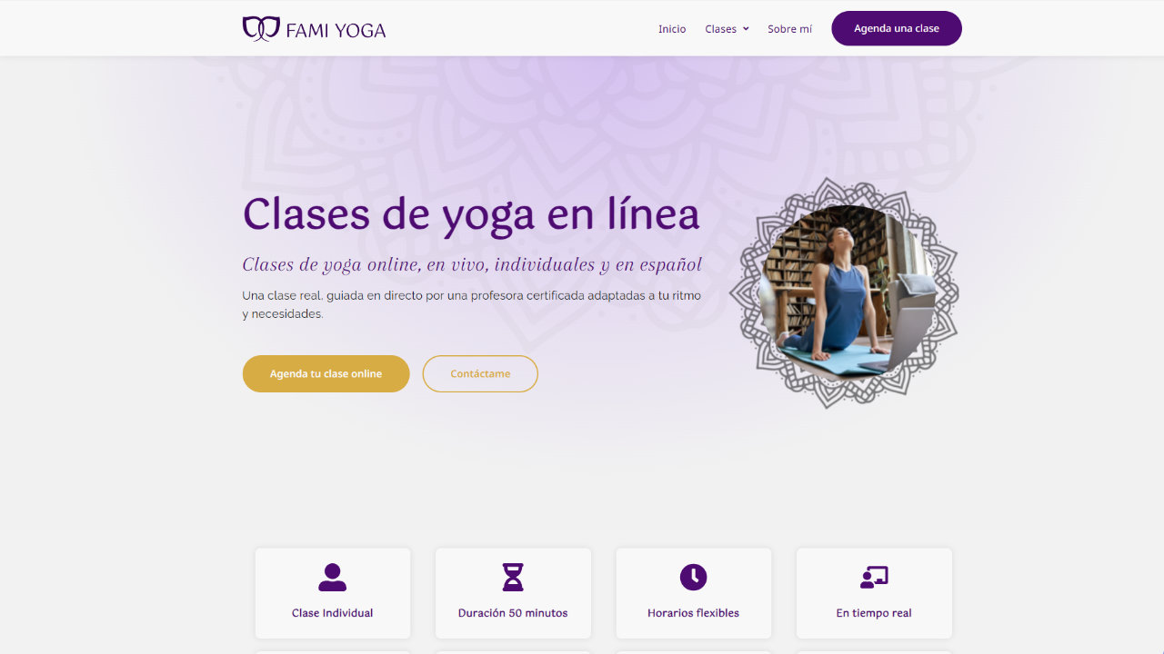 Famiyoga online yoga classes page — live individual yoga classes in Spanish, designed for international students booking independently