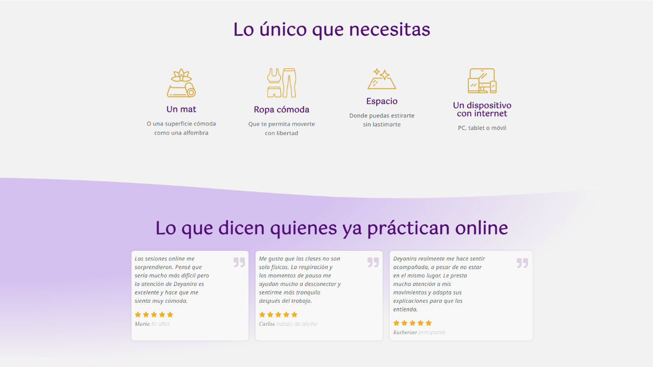 Famiyoga online yoga classes requirements and student testimonials. Accessible yoga teacher website design with social proof section