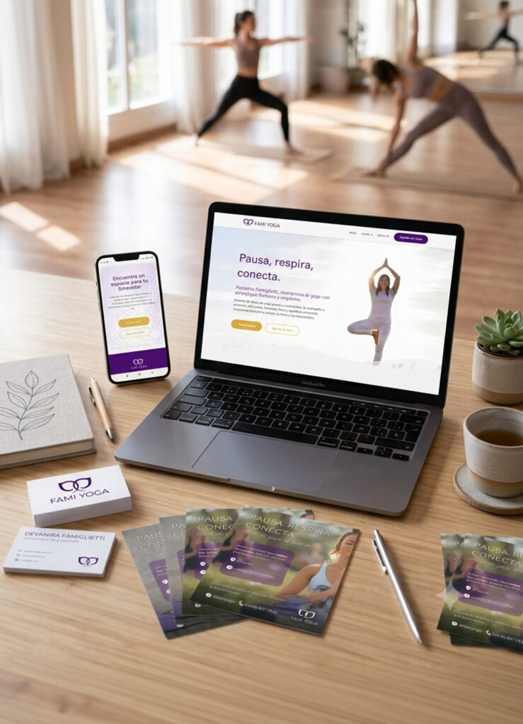 Famiyoga complete brand identity and yoga teacher website design, laptop, mobile, business cards and print materials displayed together