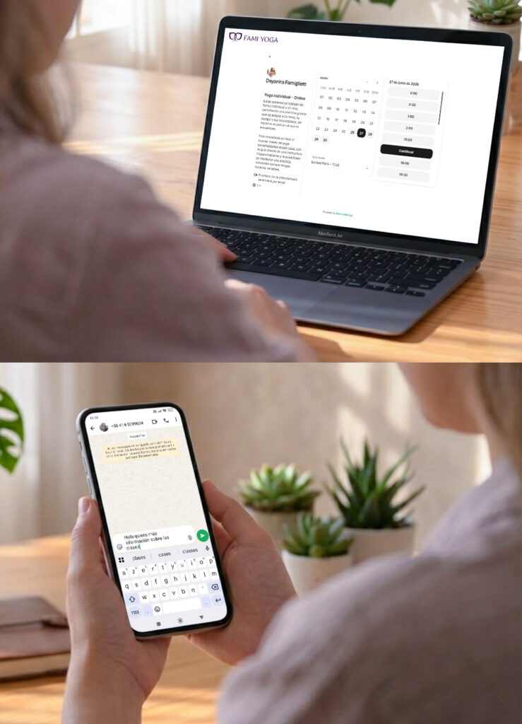 Famiyoga dual booking system: online scheduling on laptop and WhatsApp contact on mobile, designed for two client profiles