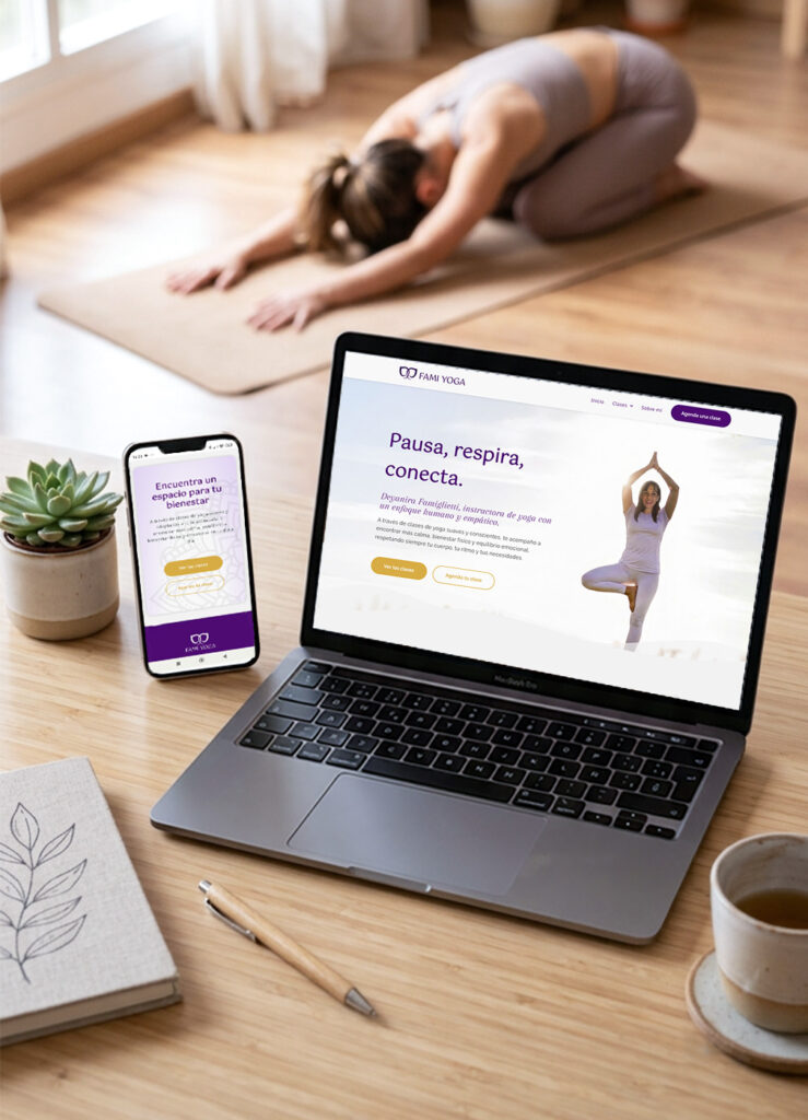 Famiyoga homepage design on laptop and mobile — proven yoga teacher website design with violet and gold brand identity