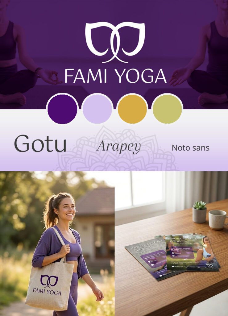 Famiyoga wellness brand identity: logo, color palette, typography and brand applications designed for an independent yoga instructor