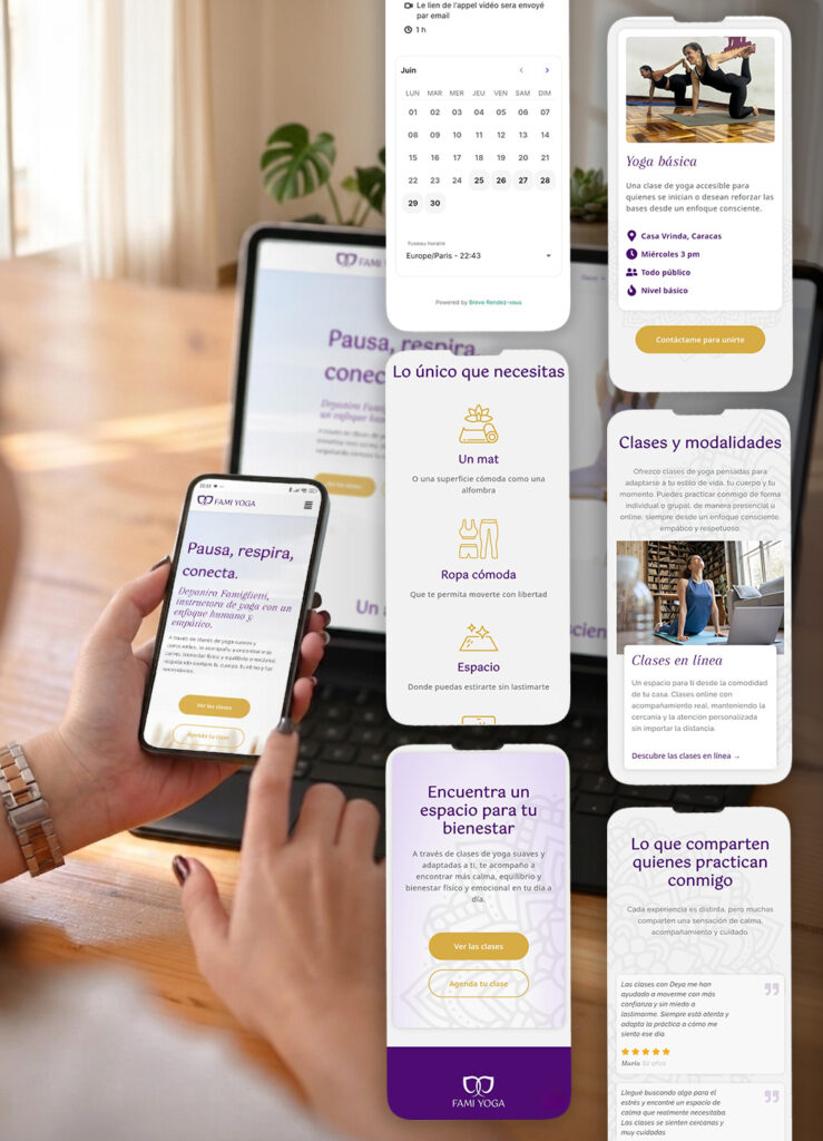Famiyoga mobile-first yoga teacher website design: booking system, class pages and testimonials displayed on smartphone screens